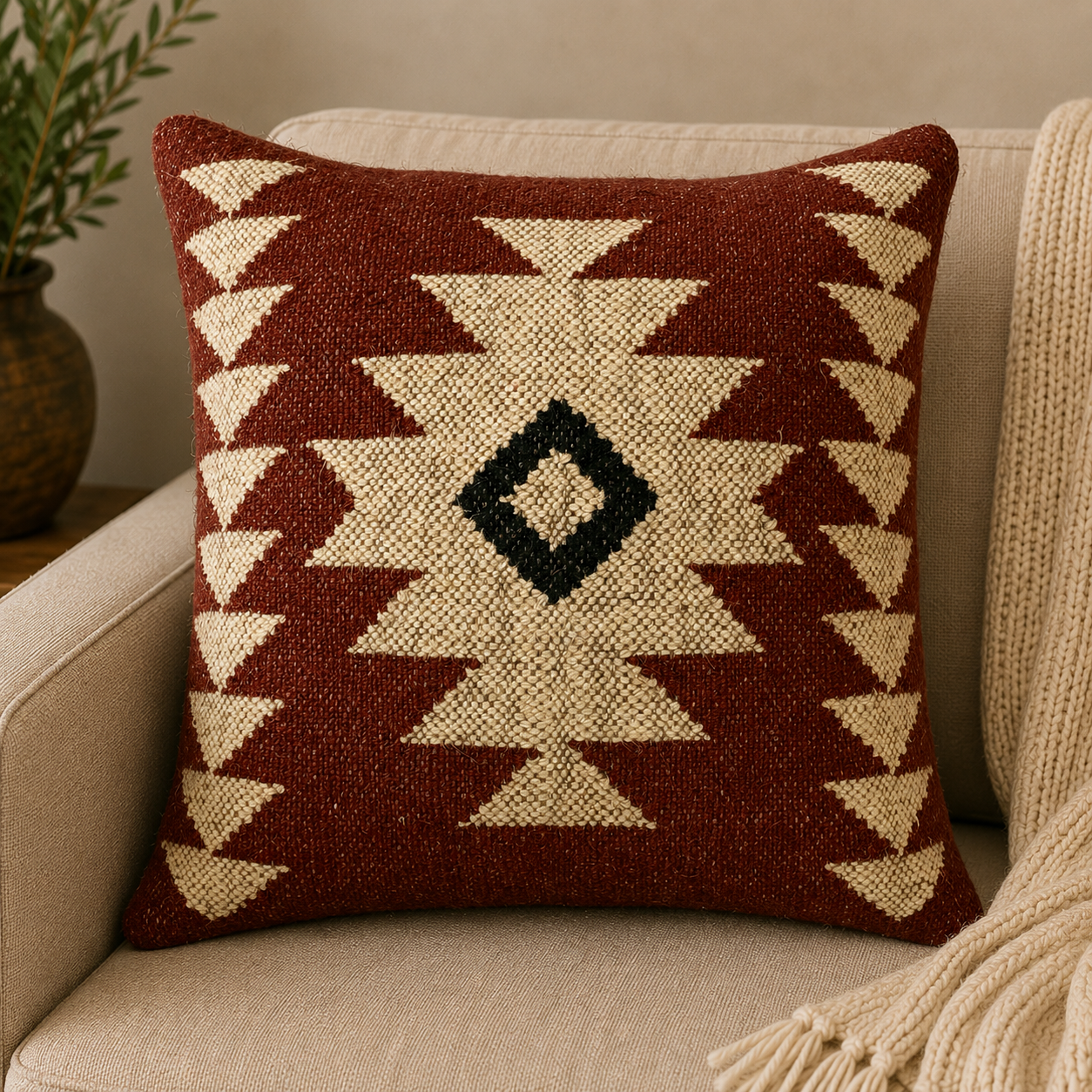 Black & Natural Zigzag Kilim Cushion Cover | Minimalist Tribal Woven Pillow | Boho Décor